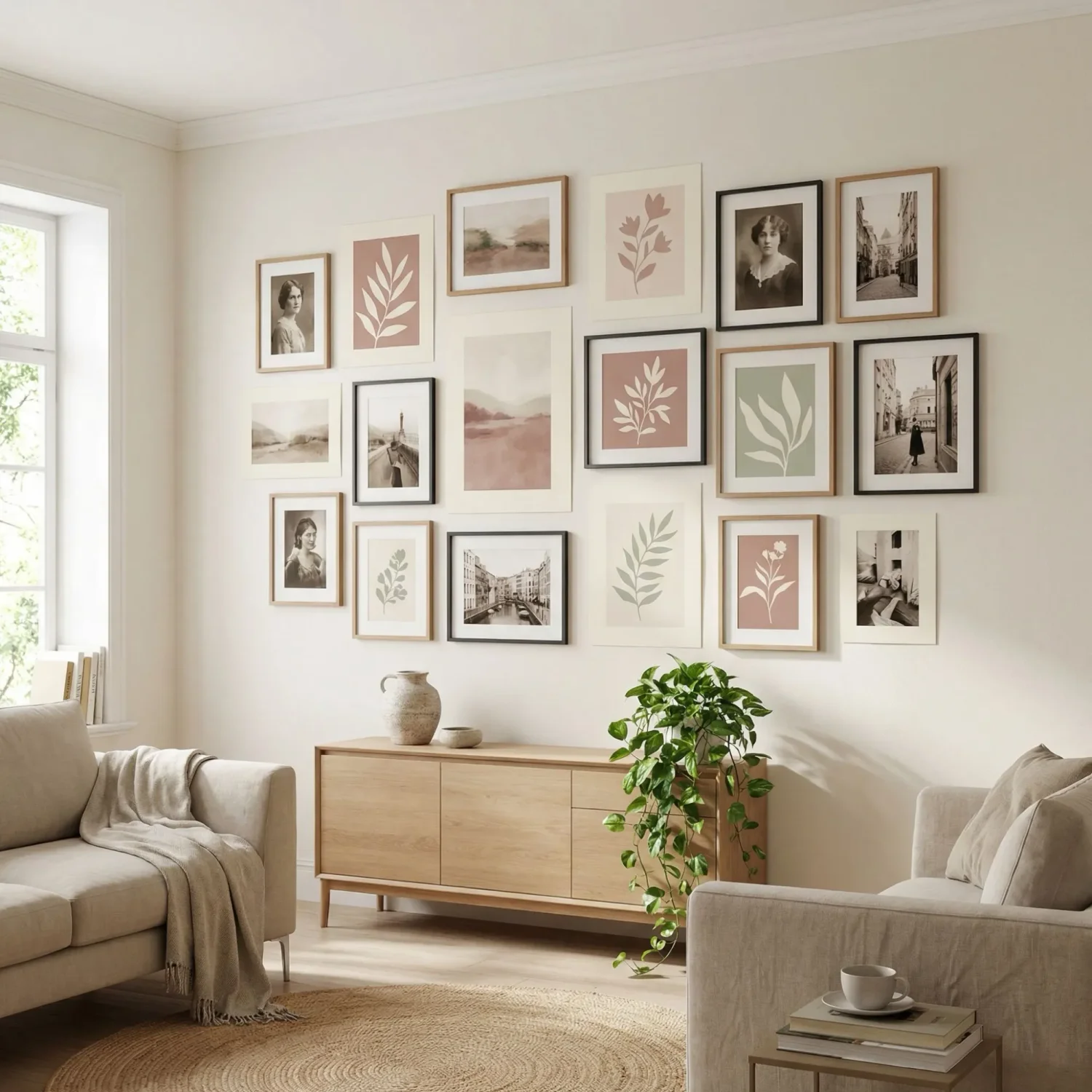 Hybrid gallery wall with framed and frameless prints