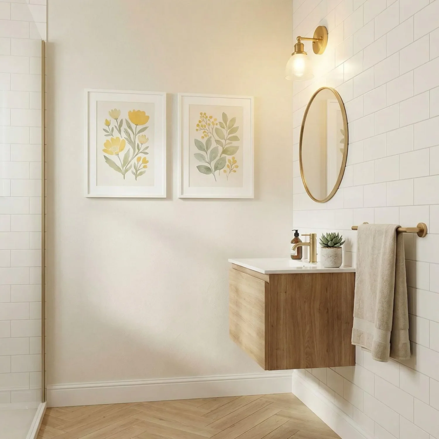 Bright bathroom wall with botanical framed prints