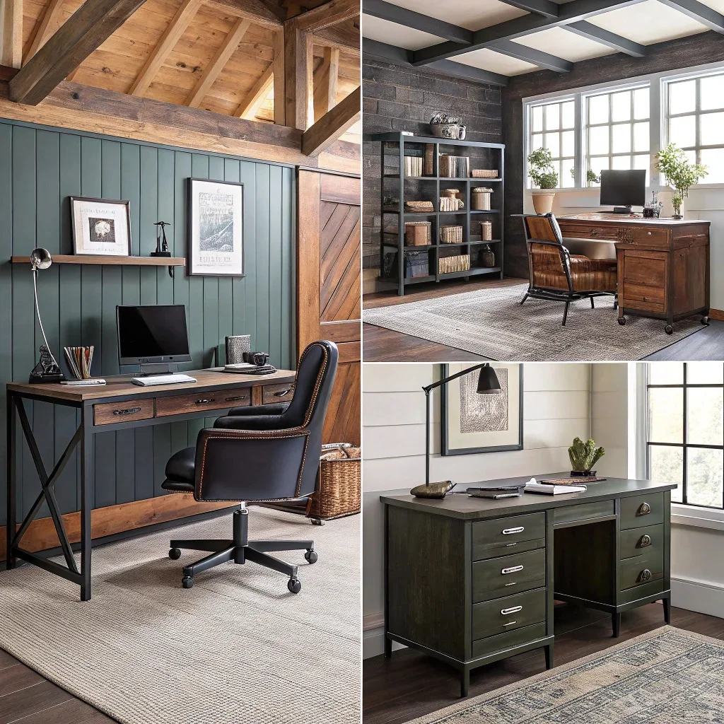 Collage of masculine home office styles including industrial, modern gentleman, rustic lodge, and minimalist setups.