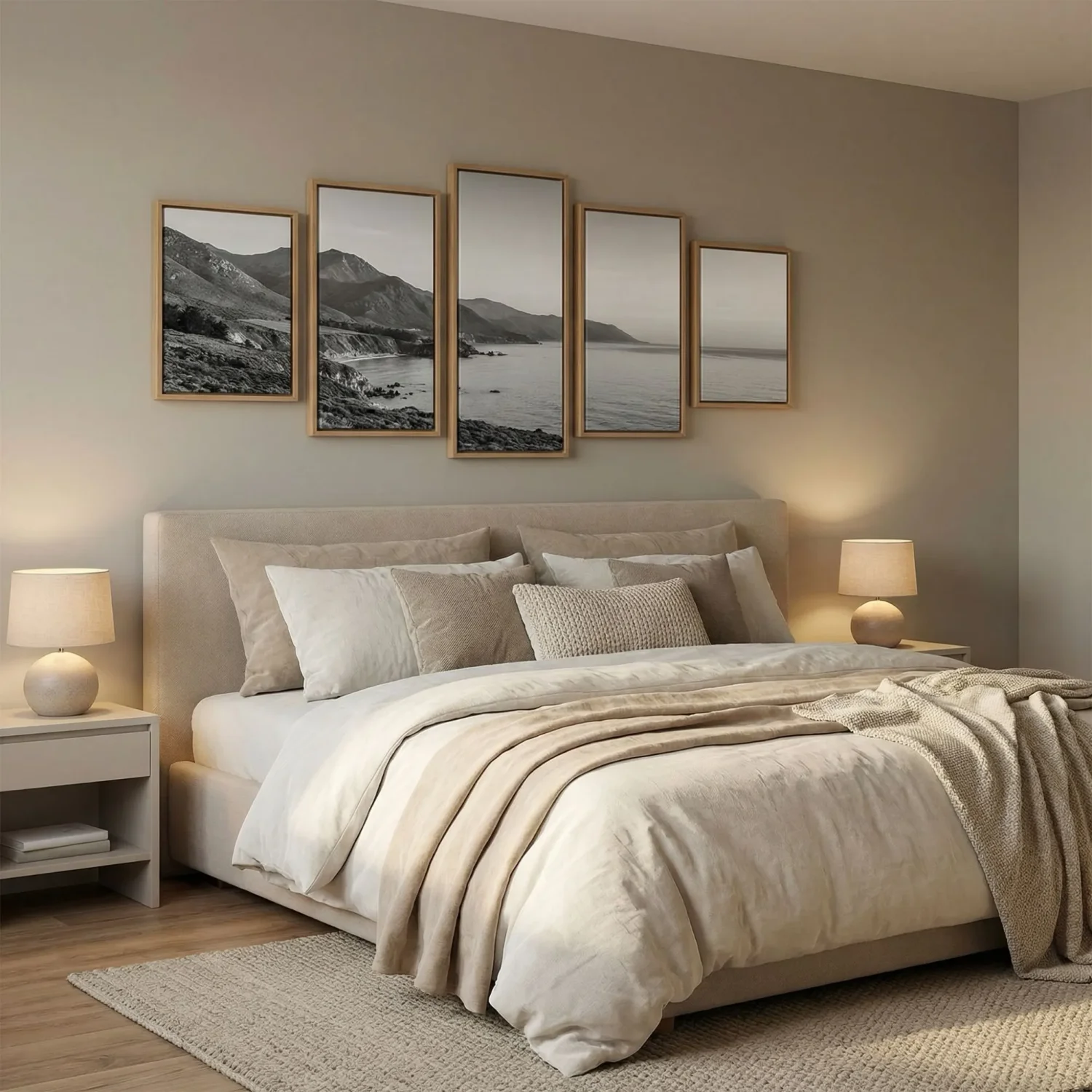 5 panel black and white art above bedroom headboard