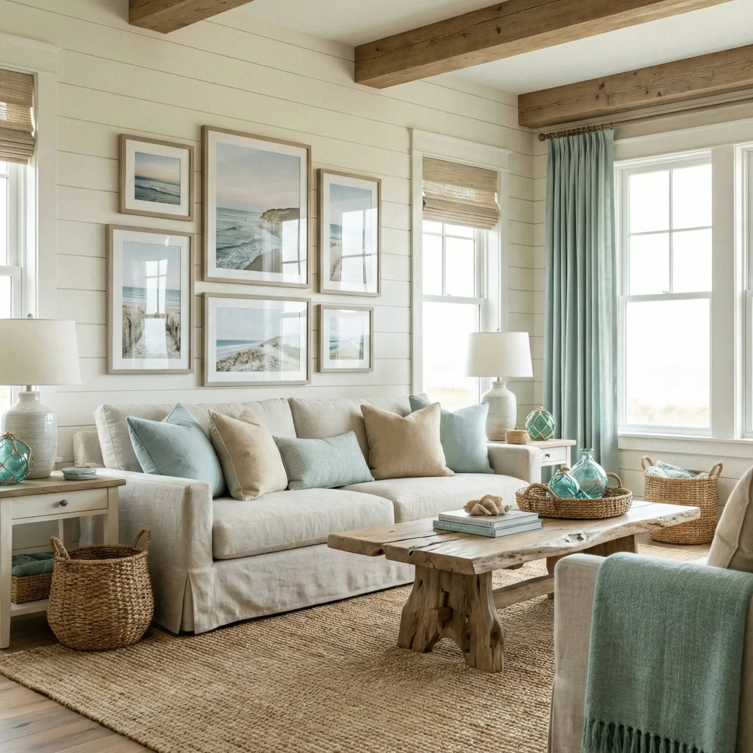 Coastal living room with beach photo gallery and blue accents.