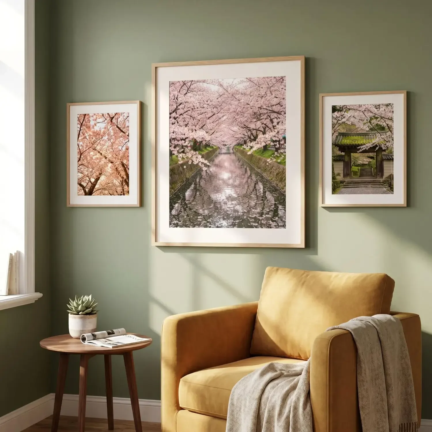 Cherry blossom framed photos in reading nook