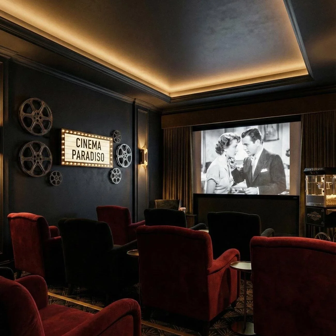 Cinema room featuring marquee sign and vintage-style décor