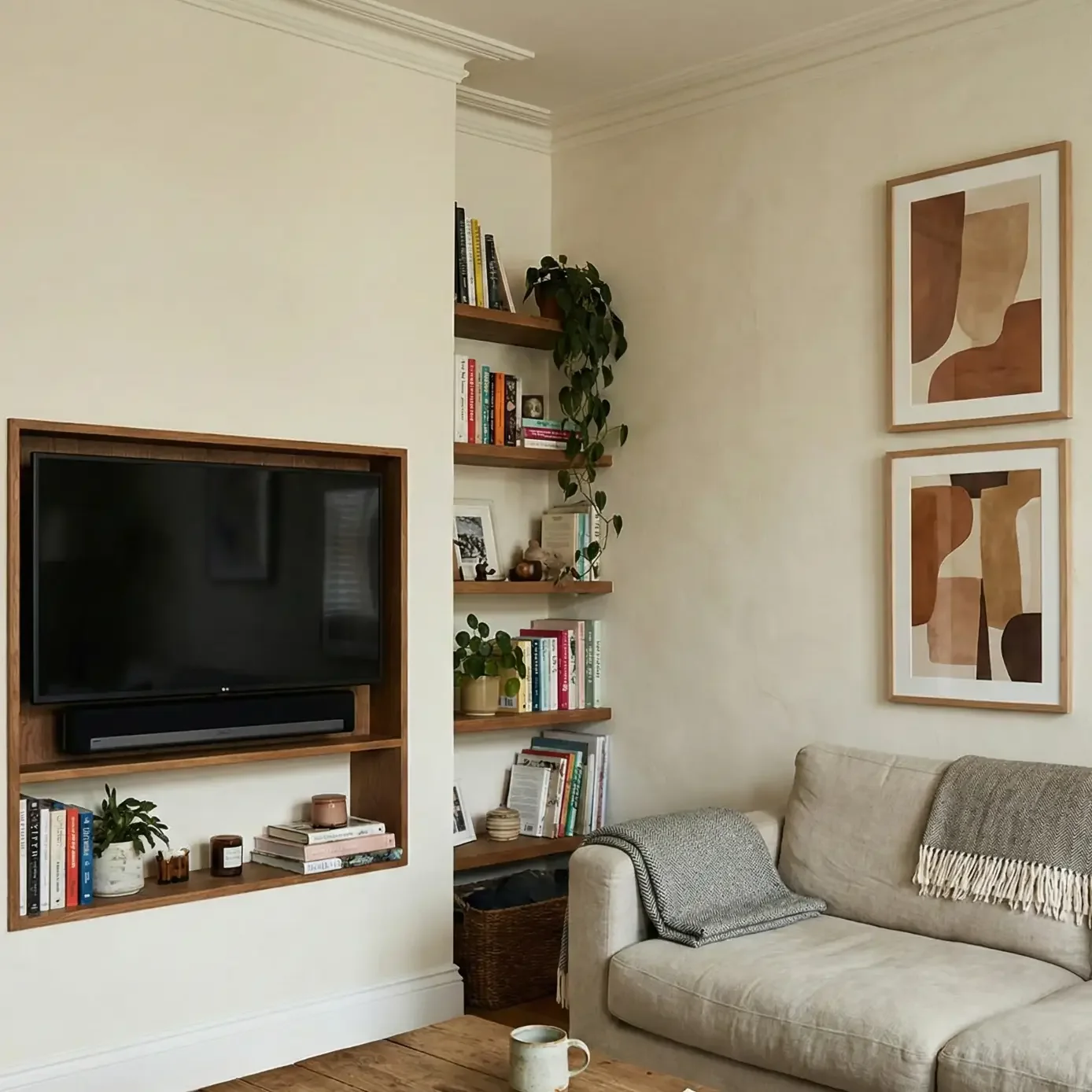 Cozy living room with built-in TV nook and floating shelves.