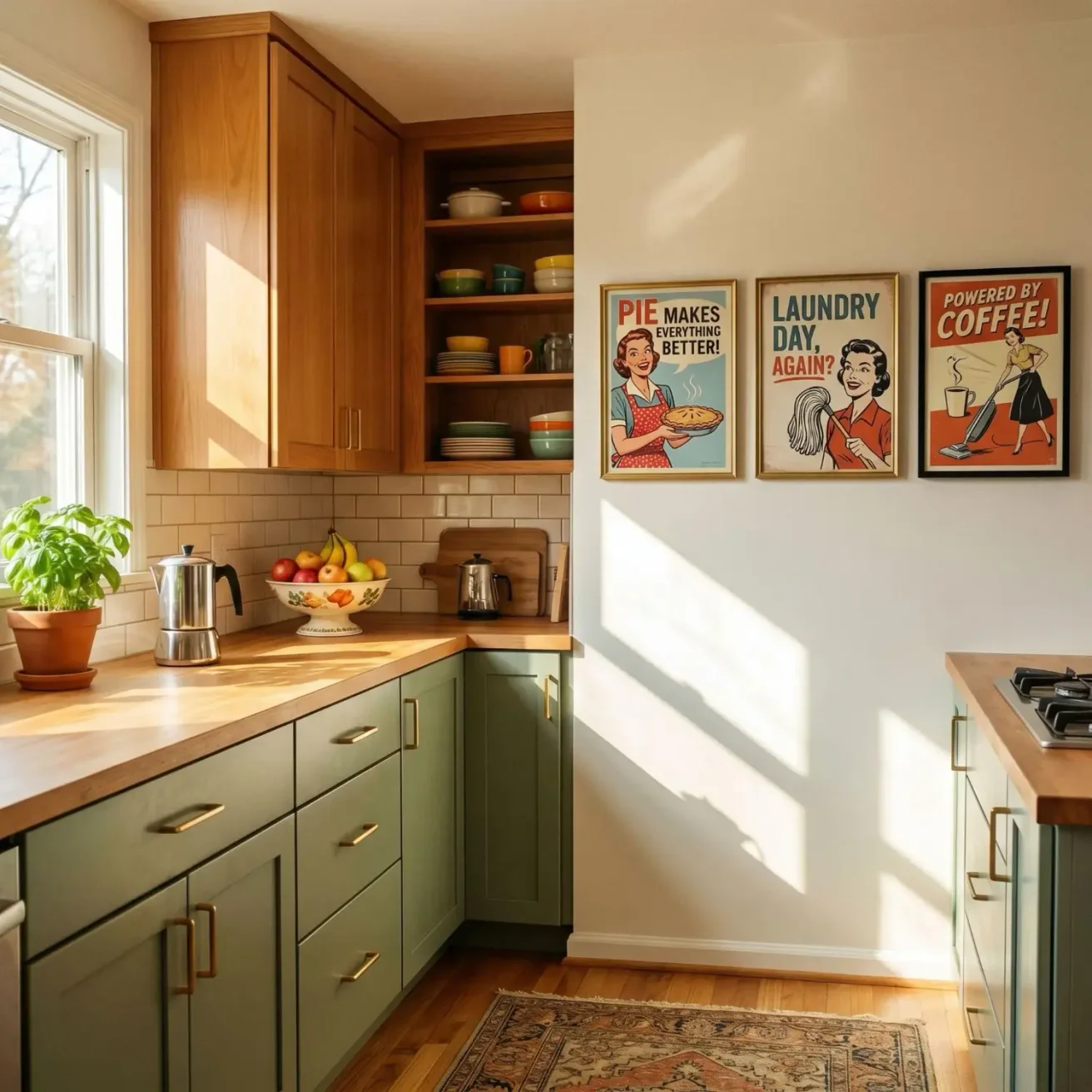 Retro housewife parody art framed in cozy kitchen