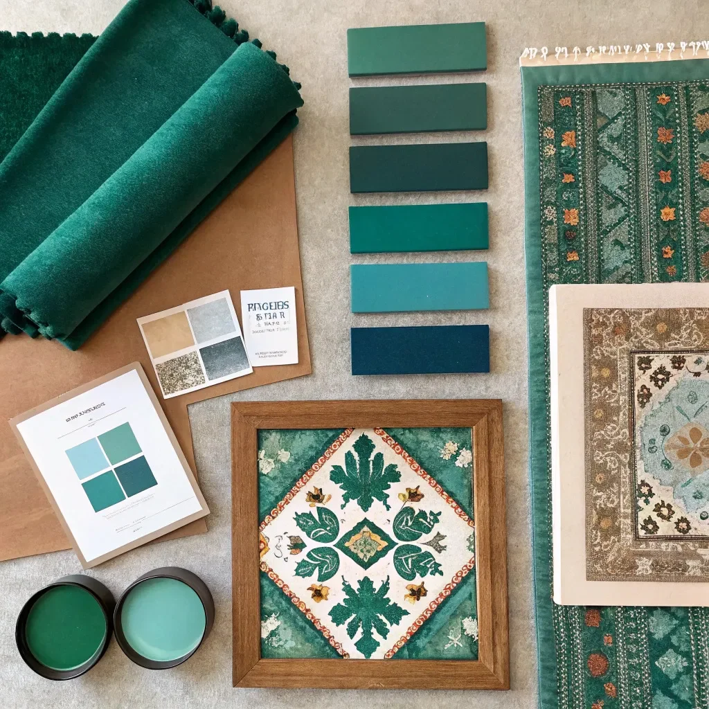  Color palette board showing emerald, cinnamon, and powder blue used in walls, rug, pillows, and art.