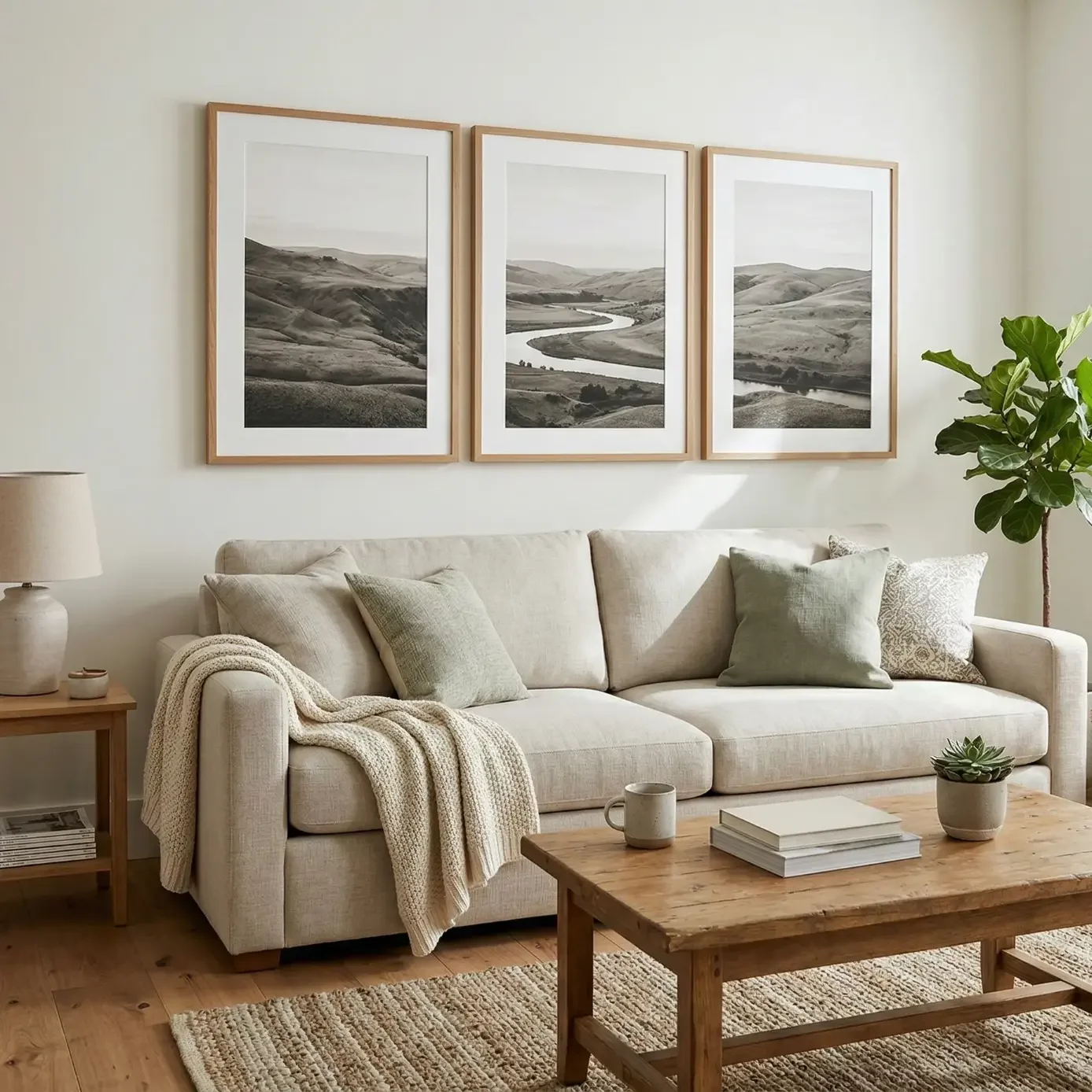 Neutral living room with beige sofa and framed landscape prints