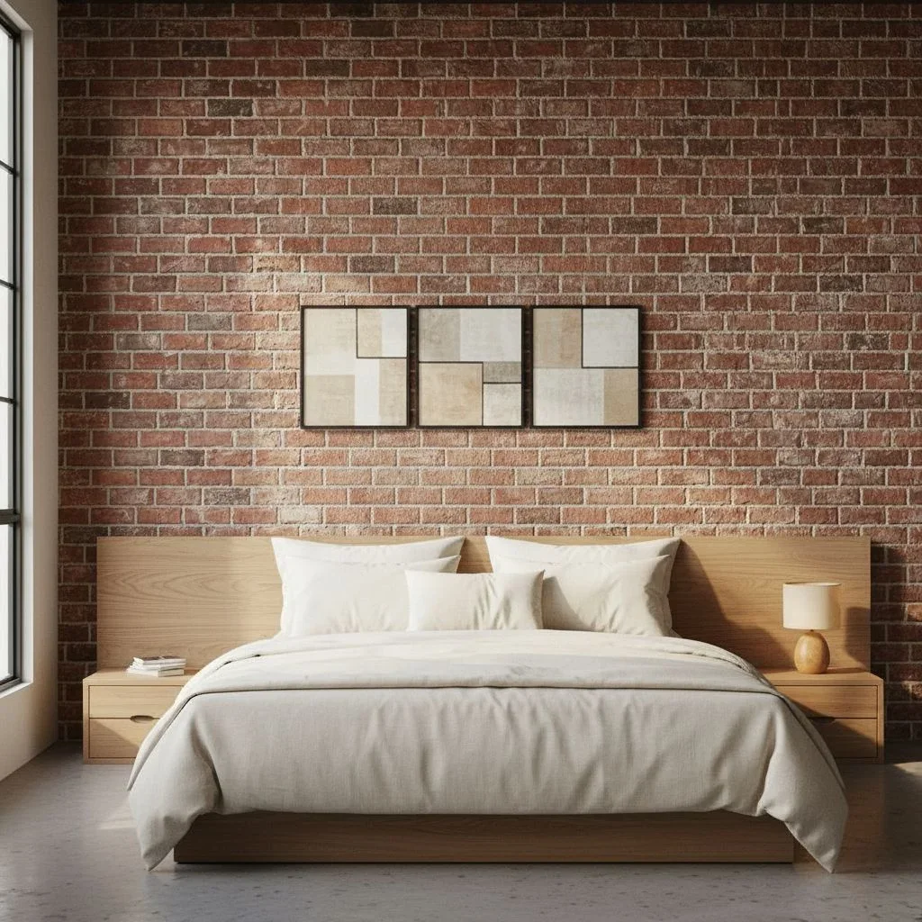 Calm bedroom with soft-toned art above brick headboard