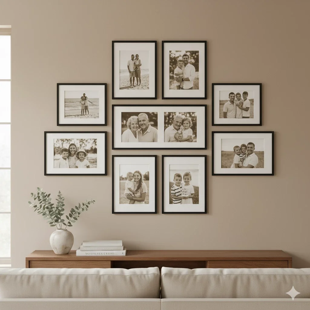 gallery wall of family portraits above beige sofa
