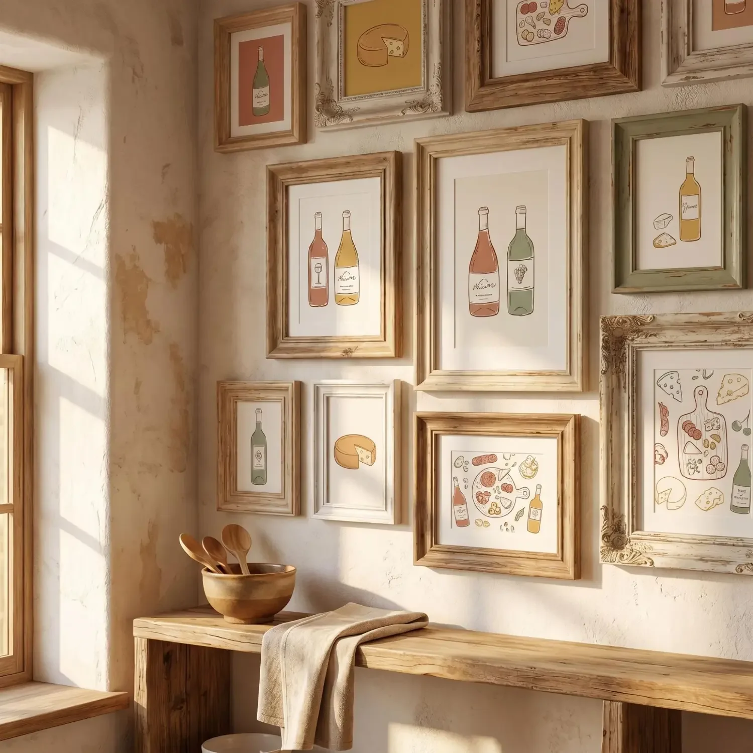 Whimsical wine and cheese wall art in kitchen