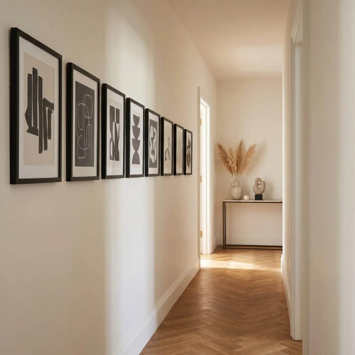 Hallway gallery wall with evenly spaced abstract prints