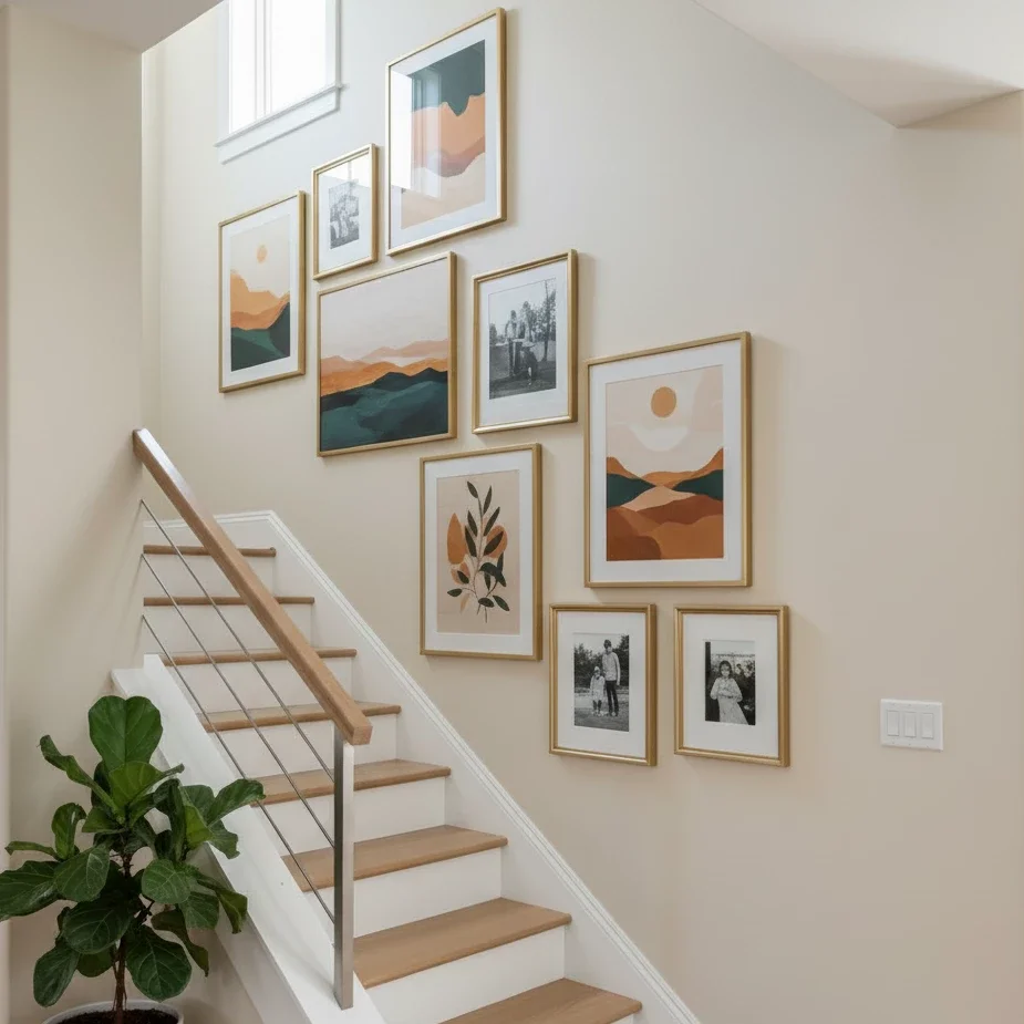 gallery wall of abstracts ascending modern staircase