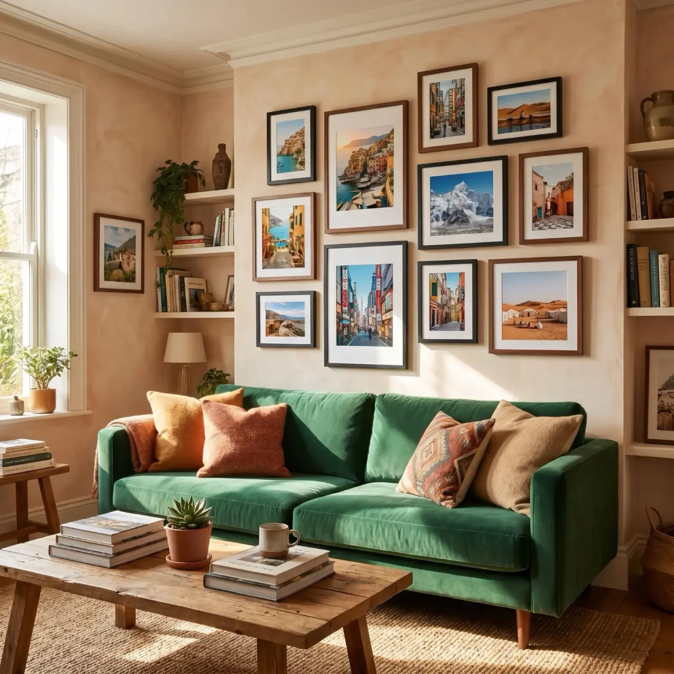 Living room gallery wall with travel framed photos
