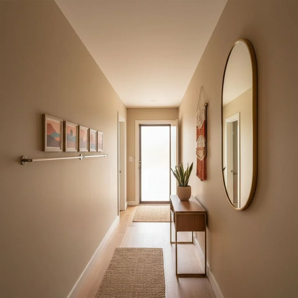 Retro entryway with narrow art rail and mirror