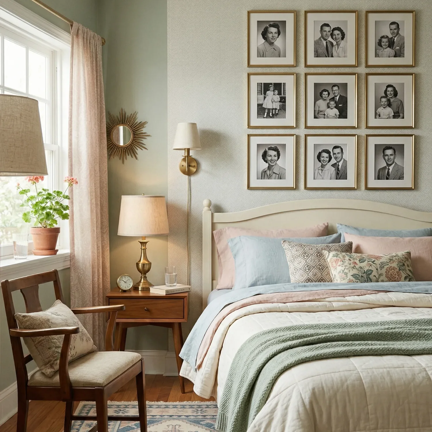 Bedroom with vintage photo gallery above a neatly made bed