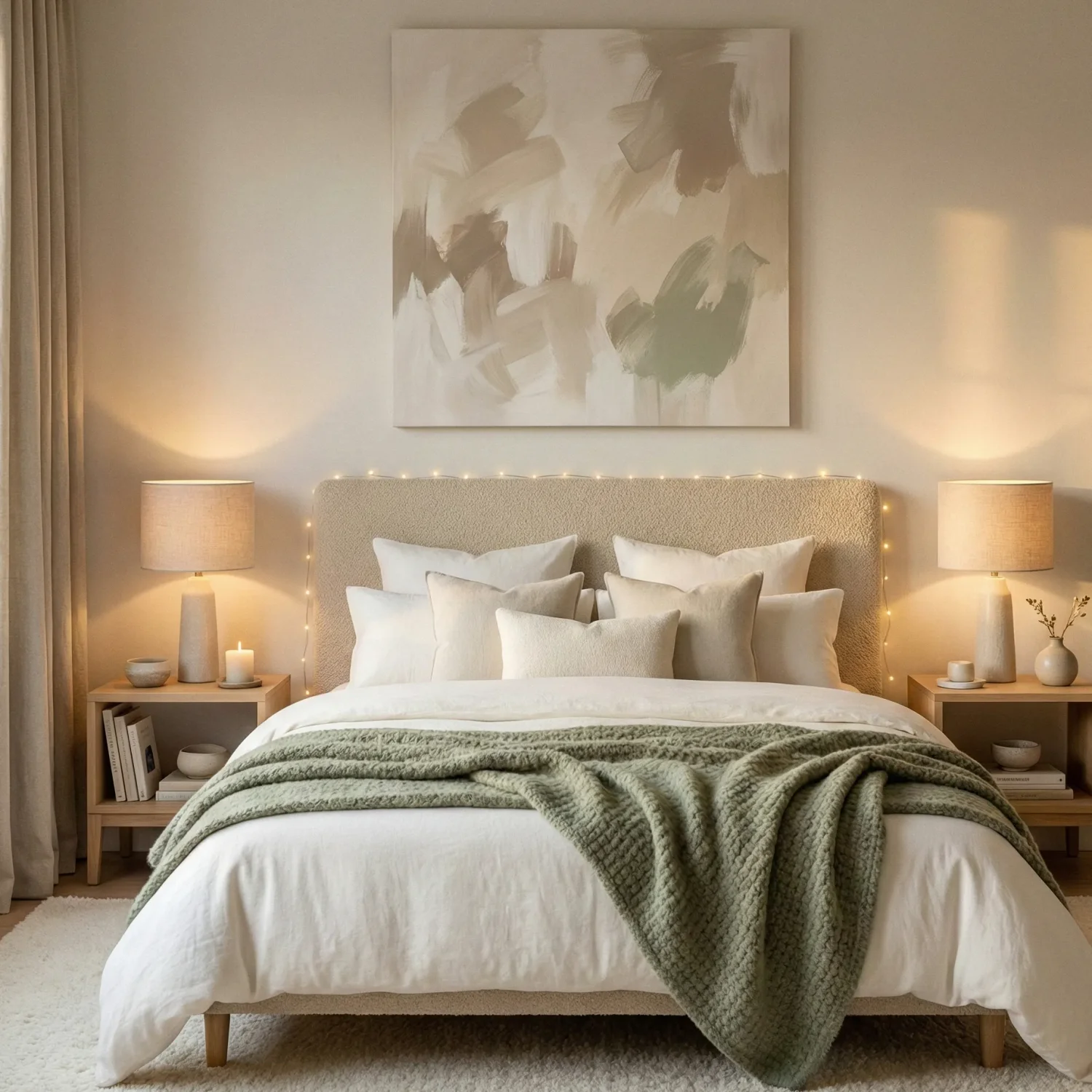 Minimalist bed setup with lamps, pillows, and abstract art