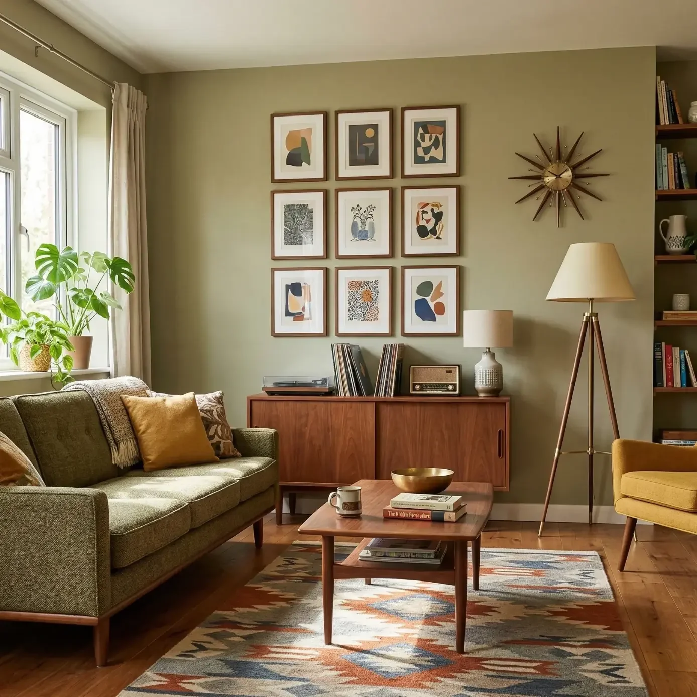 Mid-century living room with art print grid and starburst clock