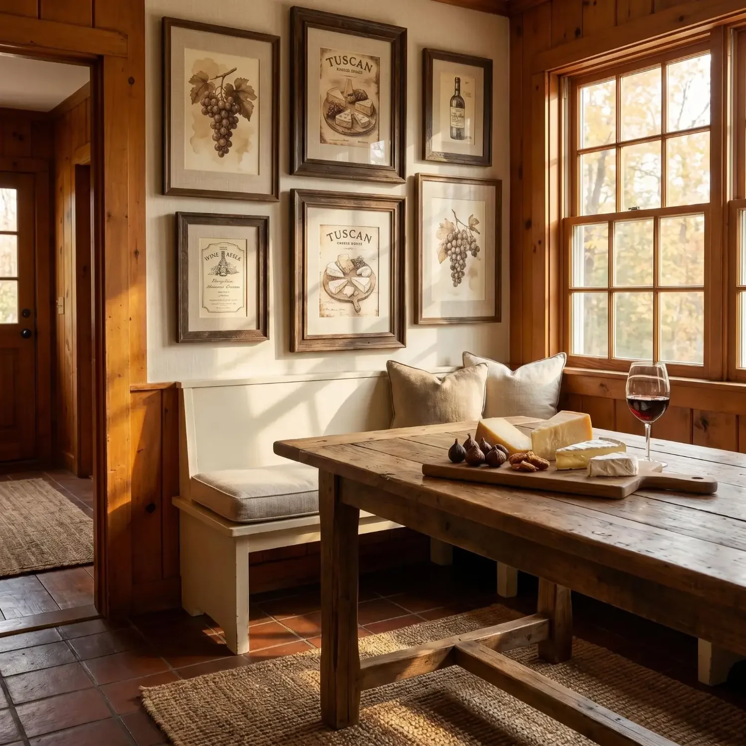 Rustic wine and cheese wall art in farmhouse kitchen