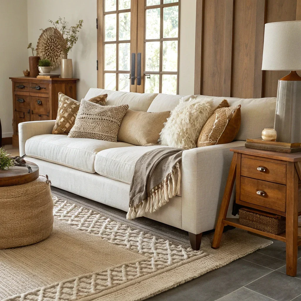 A neutral transitional room featuring layered textures—linen upholstery, bouclé pillows, a chenille throw, wool rug, leather accents, and warm wood with visible grain—creating depth and softness without feeling busy.