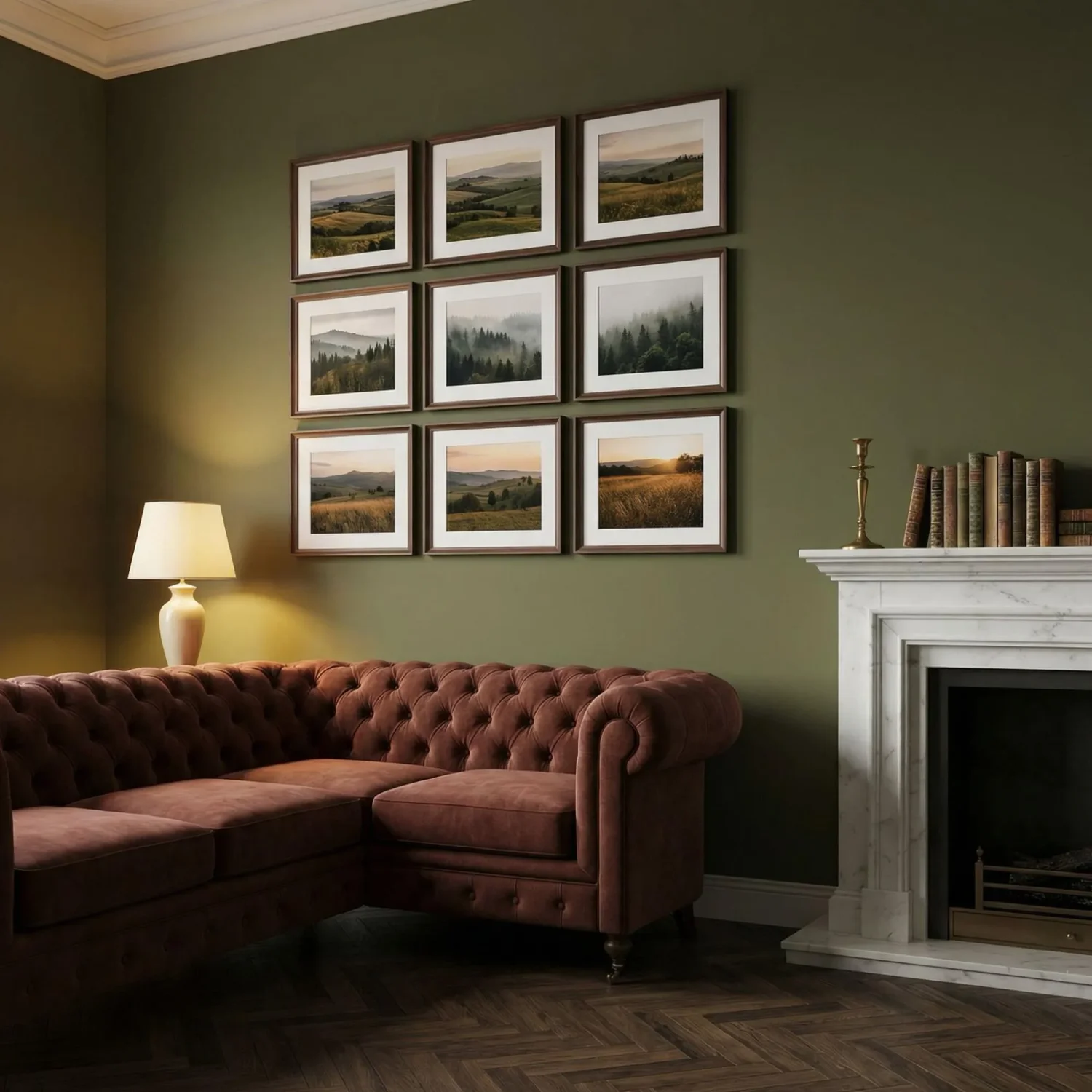 Traditional living room with landscape framed photos