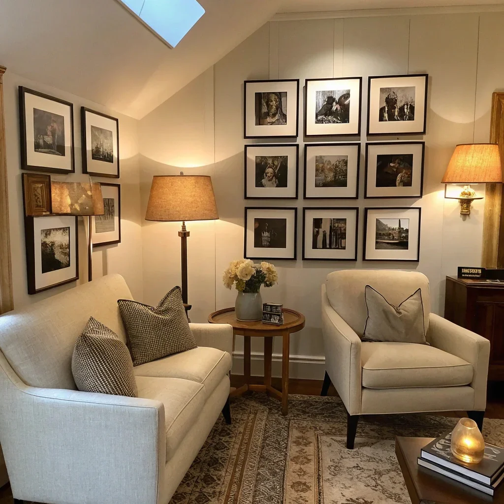 Cozy, balanced Nancy Meyers–style room with symmetrical lighting, matching pillows, black-framed photos, brass accents, and a gallery wall of black-and-white family images that add warmth and storytelling.
