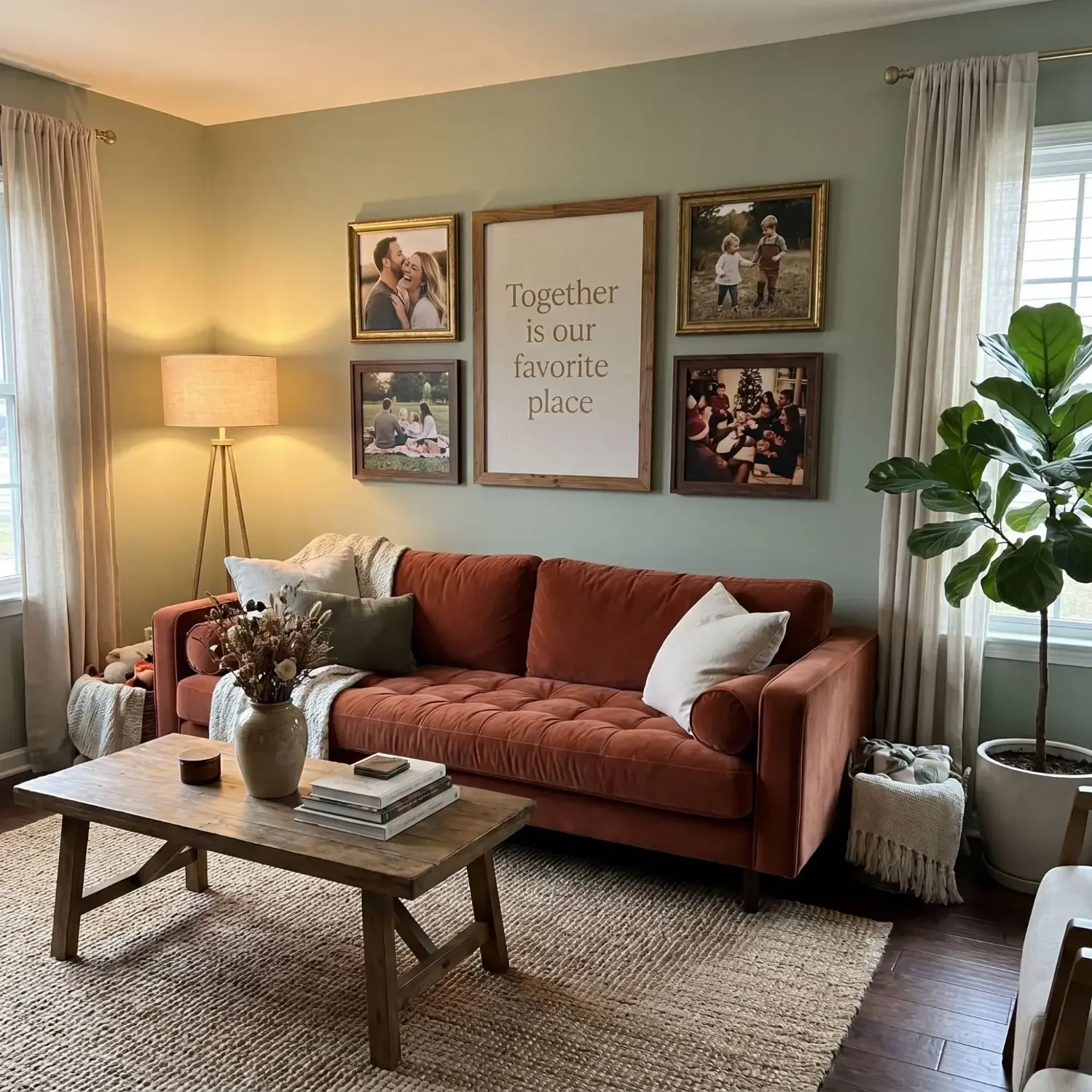 Gallery wall with family photos and quote in living room