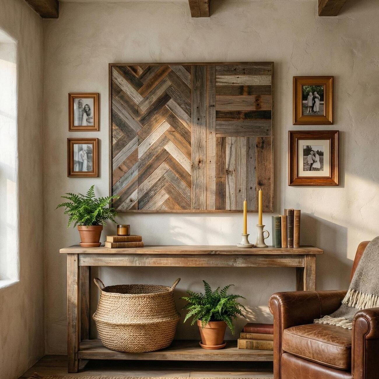 Rustic entry nook with wood console, framed photos, and plants