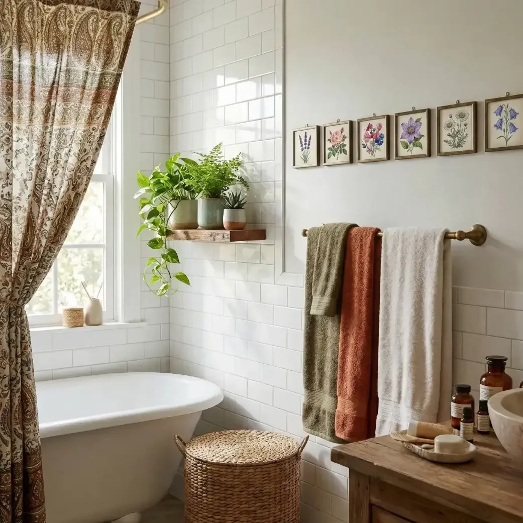 Cozy bathroom with clawfoot tub, plants, and floral prints