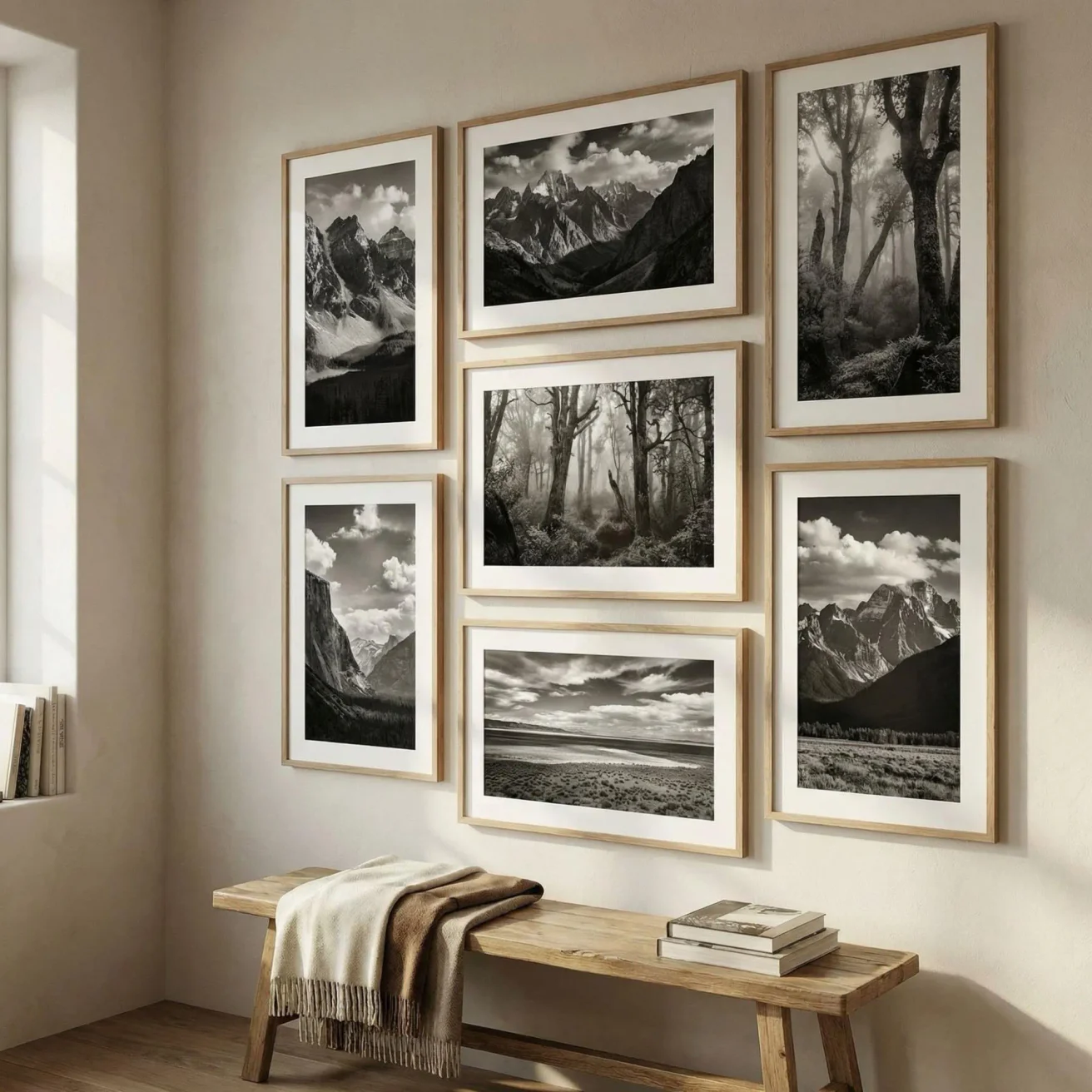Black and white landscape framed photos displayed on wall