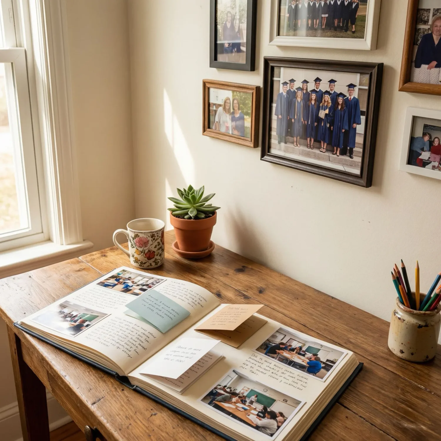 Teacher memory book with student notes and framed photos