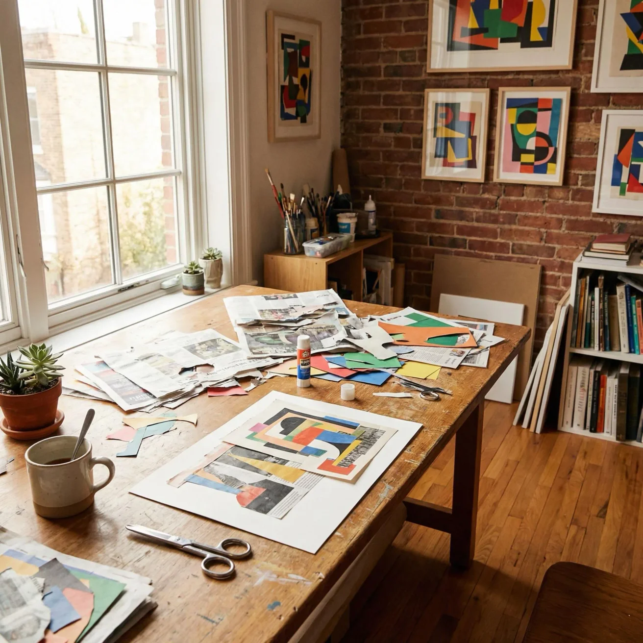 Paper collage materials on a wooden art studio desk

