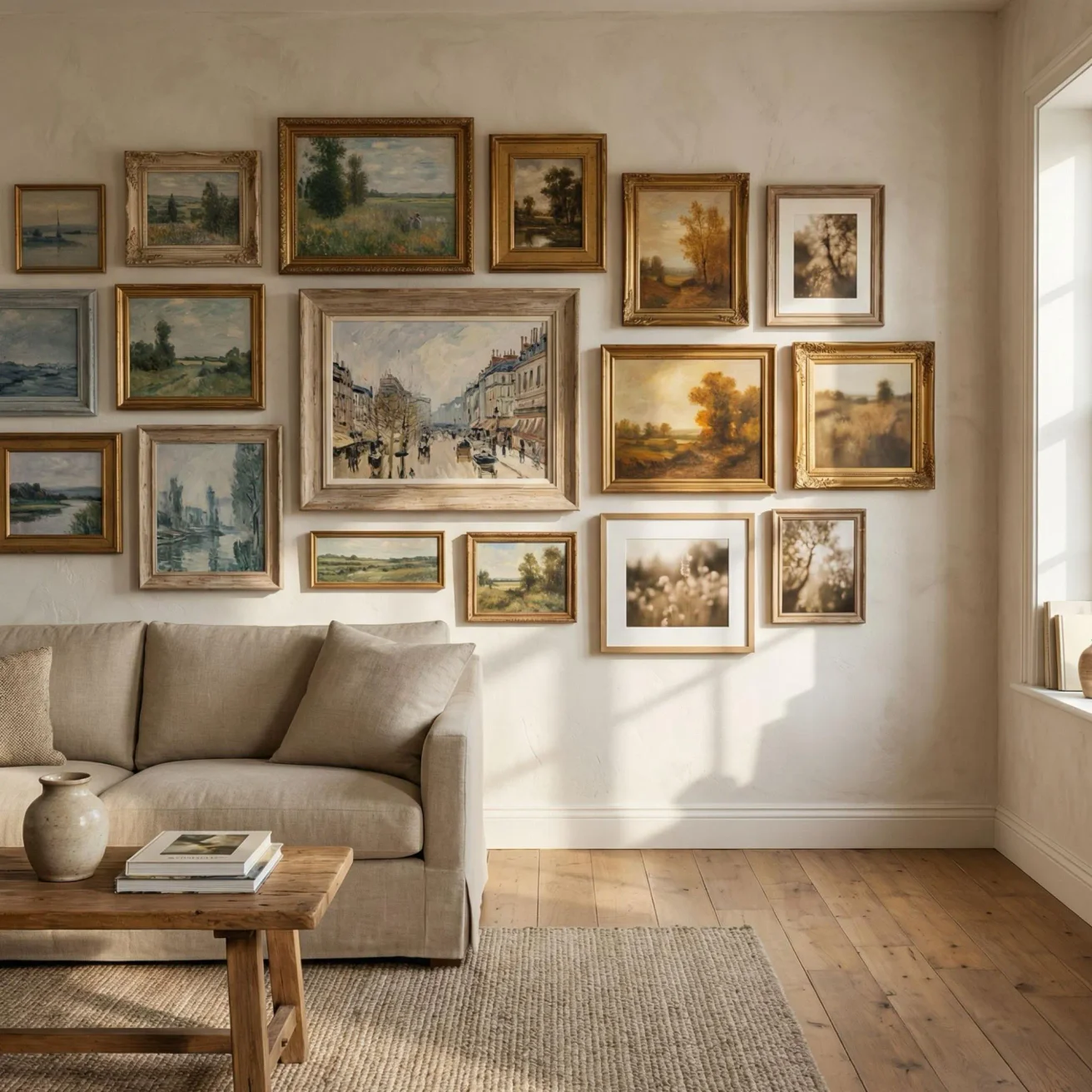 Impressionist gallery wall with framed photos at home