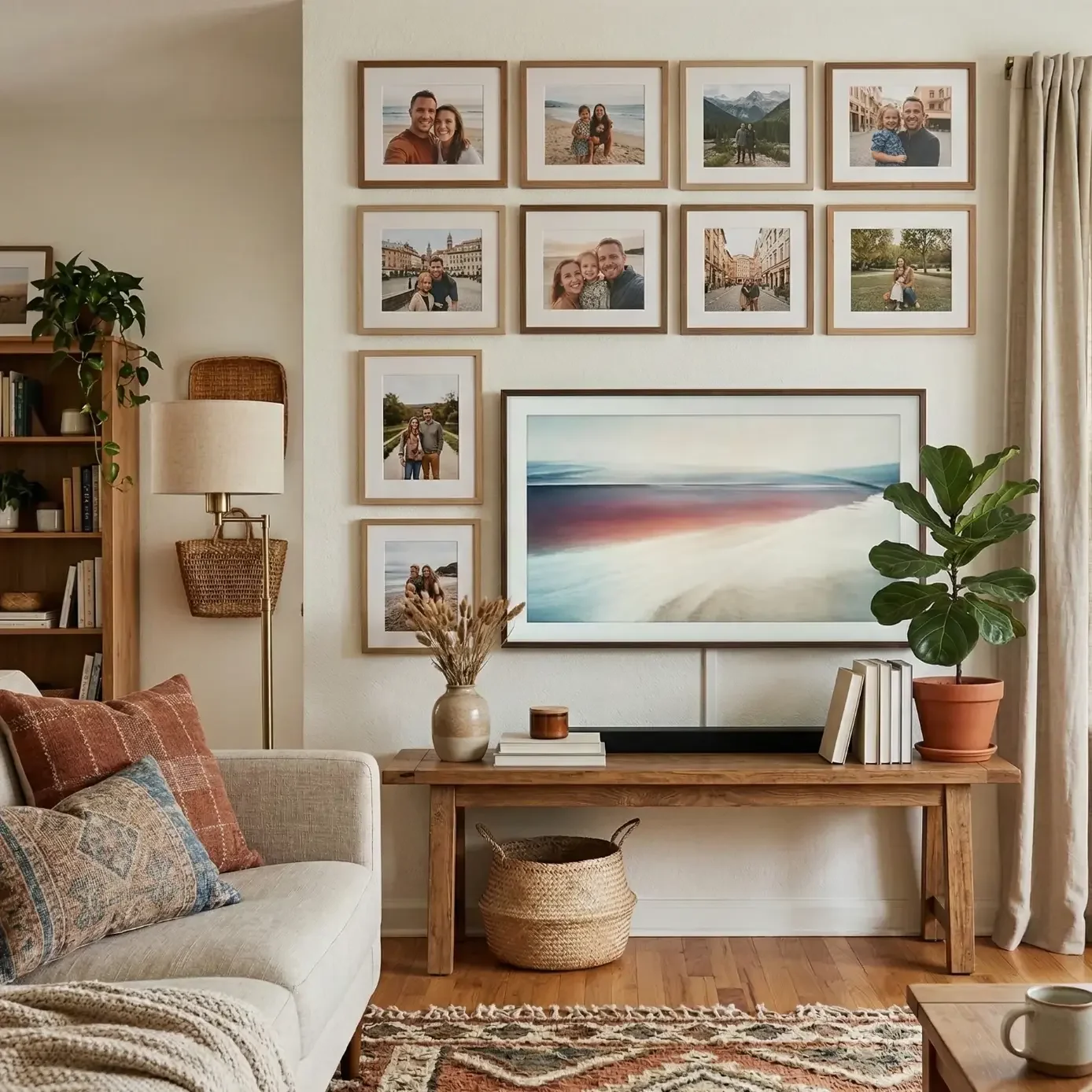 Living room gallery wall above TV with framed family photos