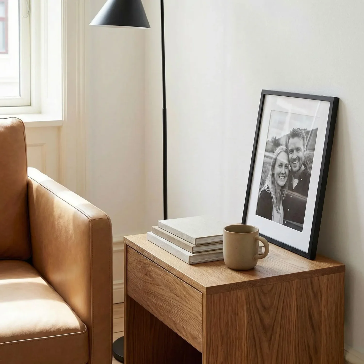 Warm oak tones tan leather Scandinavian corner