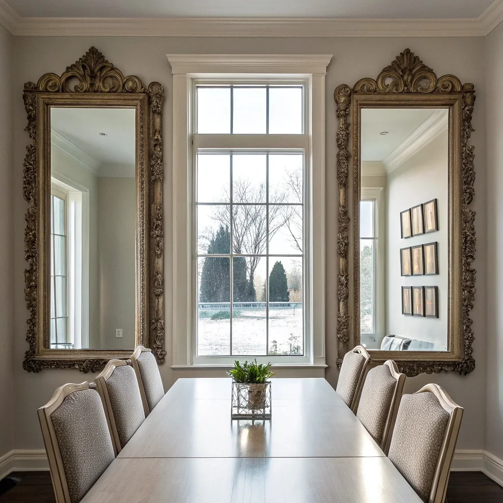 ining room with a large mirror opposite a window, flanked by pairs of matching frames for symmetry.