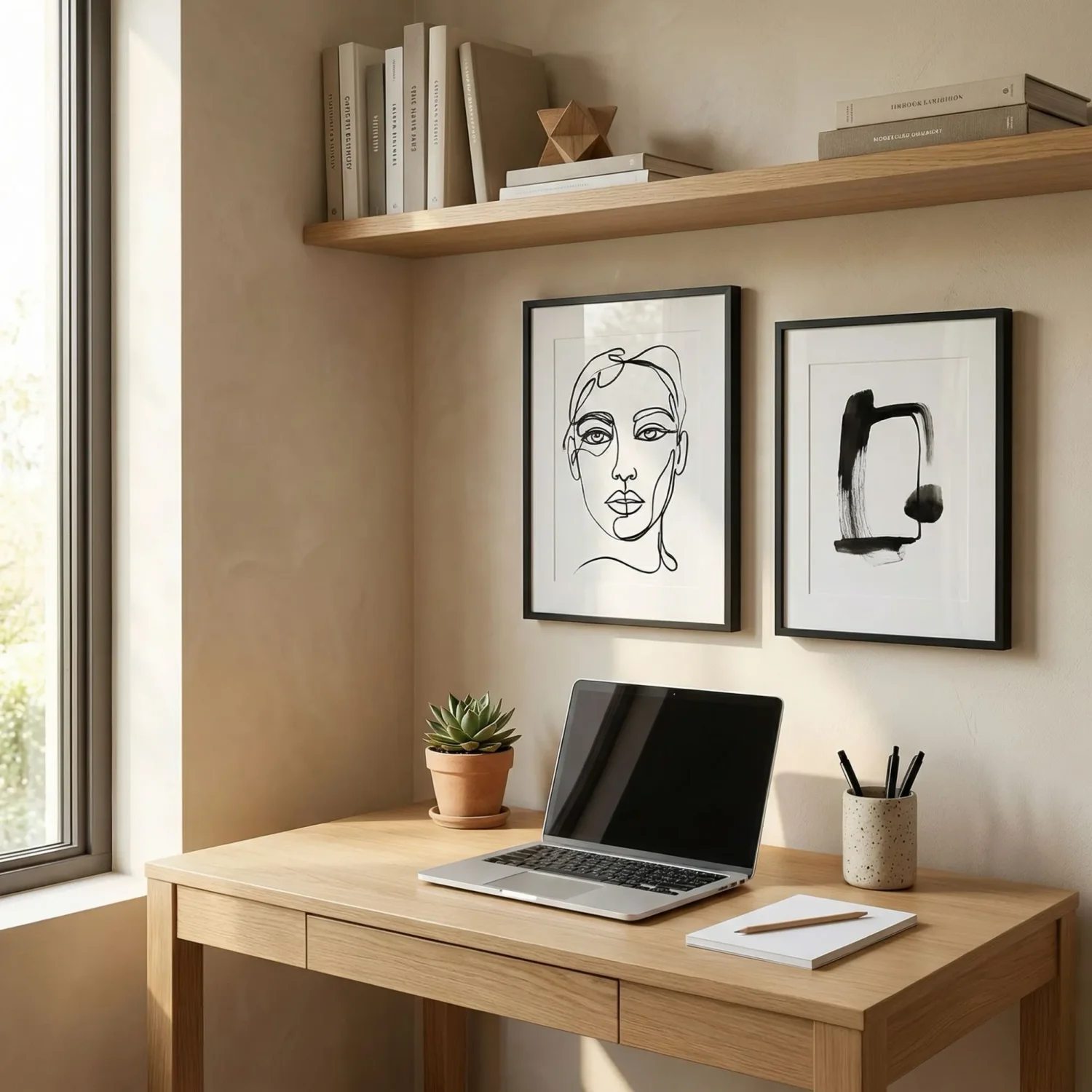 Home office wall with line art framed pictures