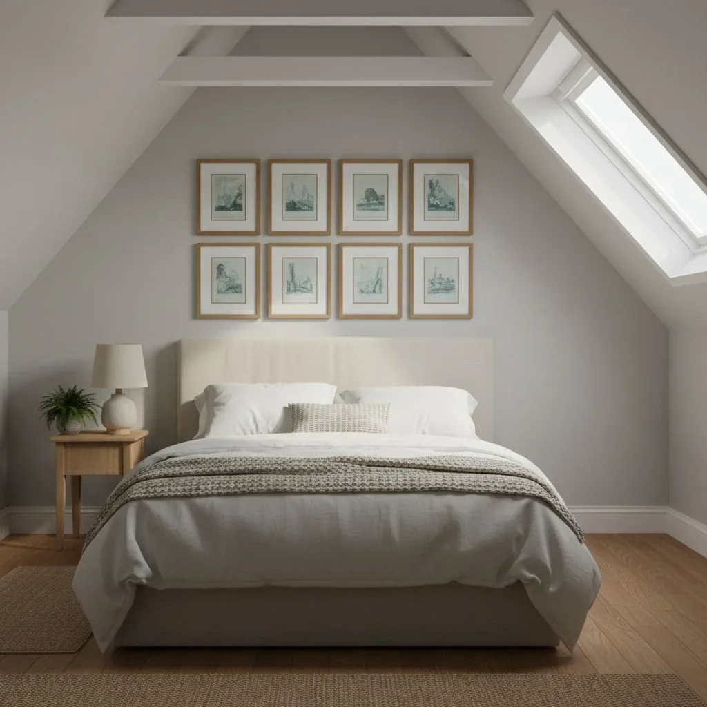 Low art grid above bed under slanted eaves