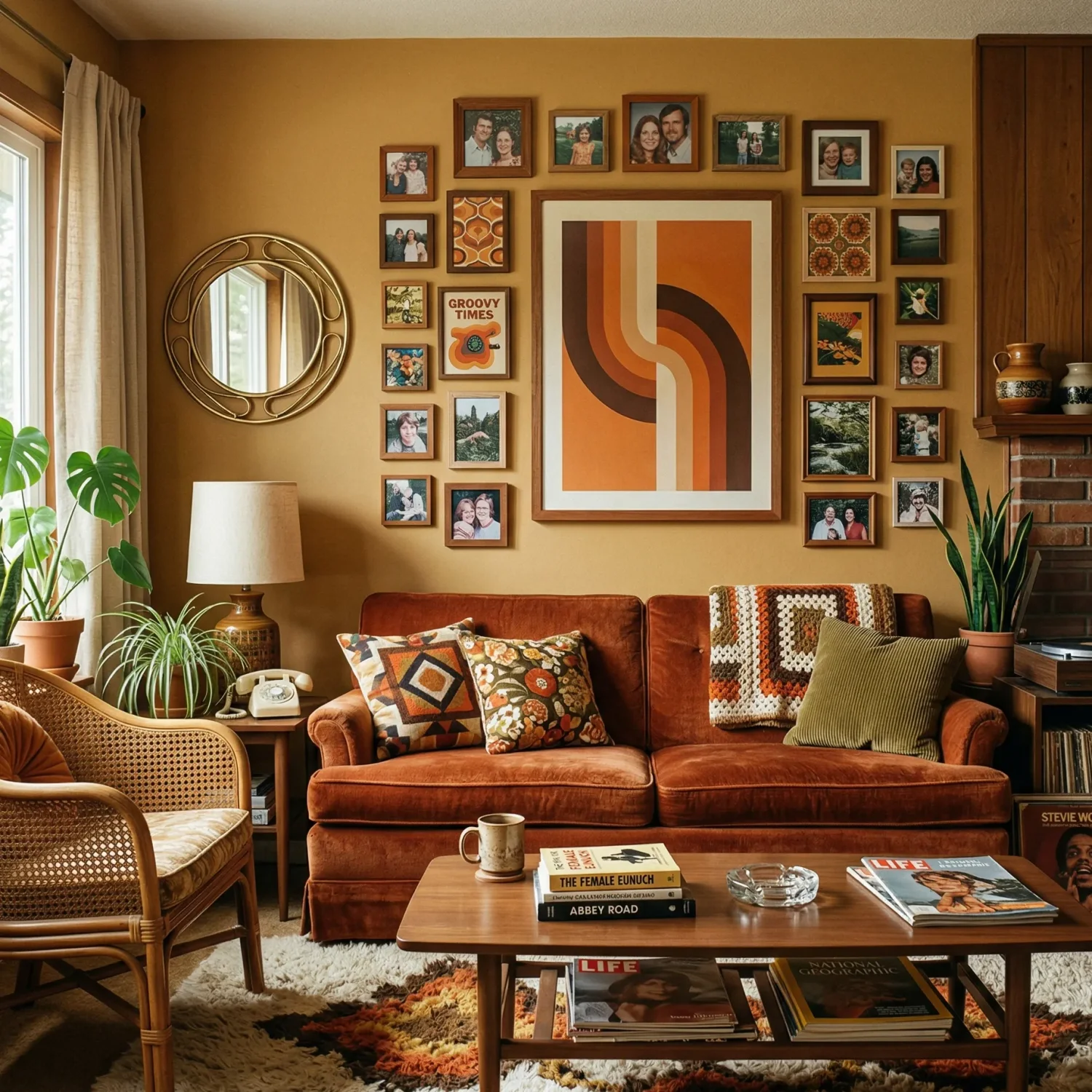 70s retro living room wall decor with framed art