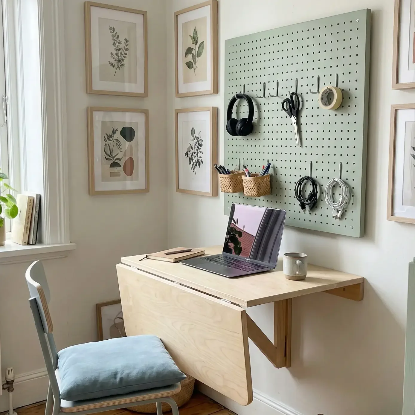 Wall-mounted fold-down desk with laptop and pegboard organizer
