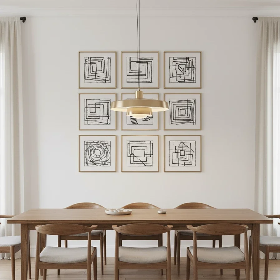 nine abstract line prints form grid above dining table