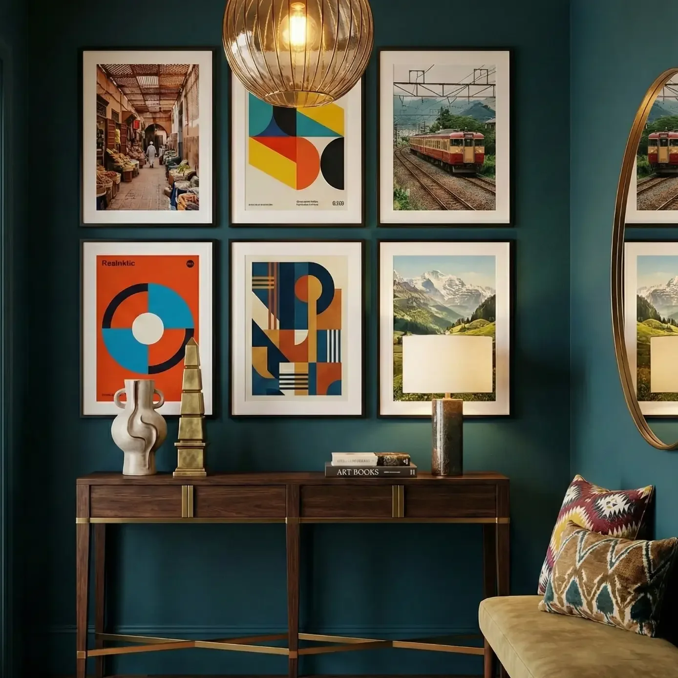 maximalist entryway with graphic and travel posters
