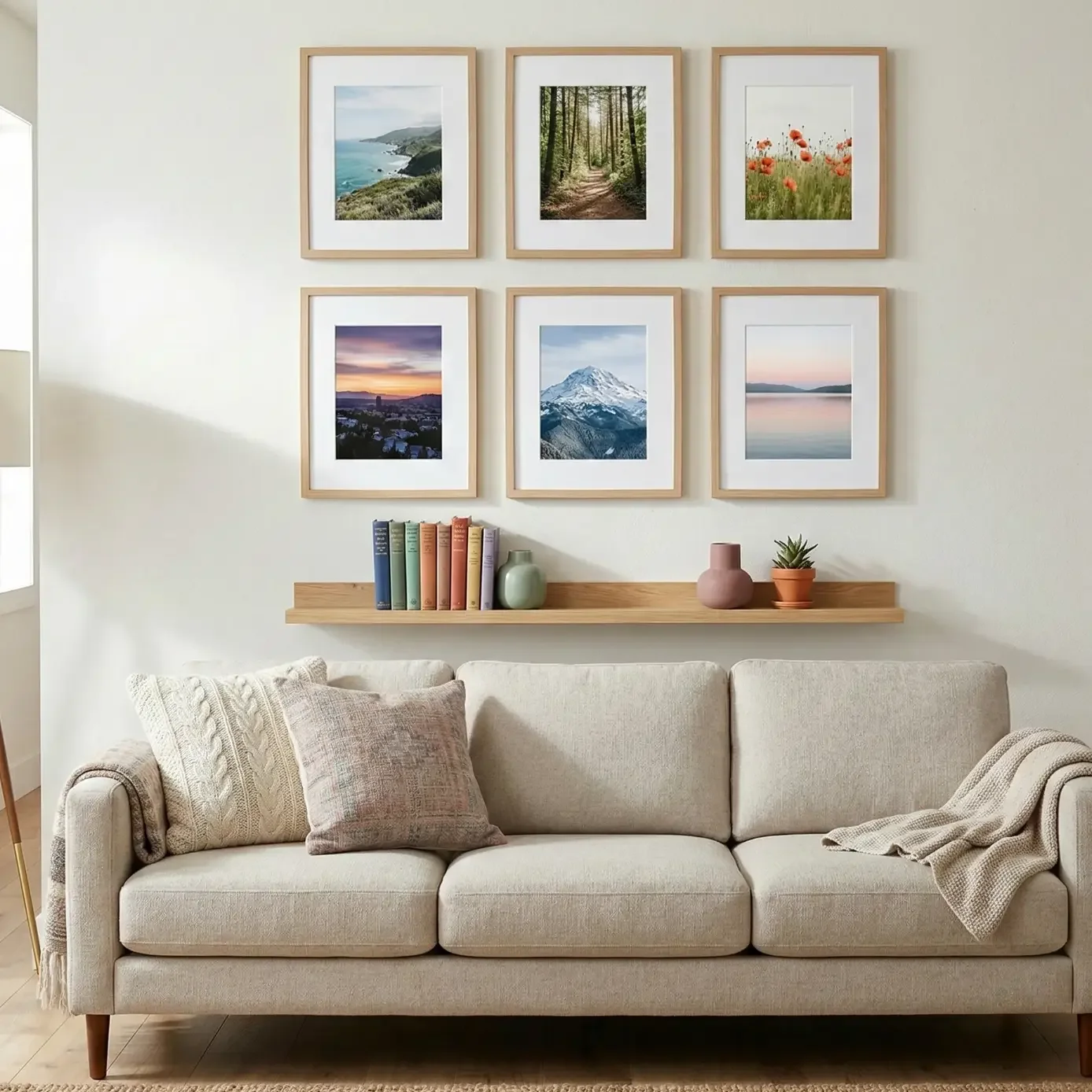 Neutral sofa with landscape photo gallery and floating shelf decor