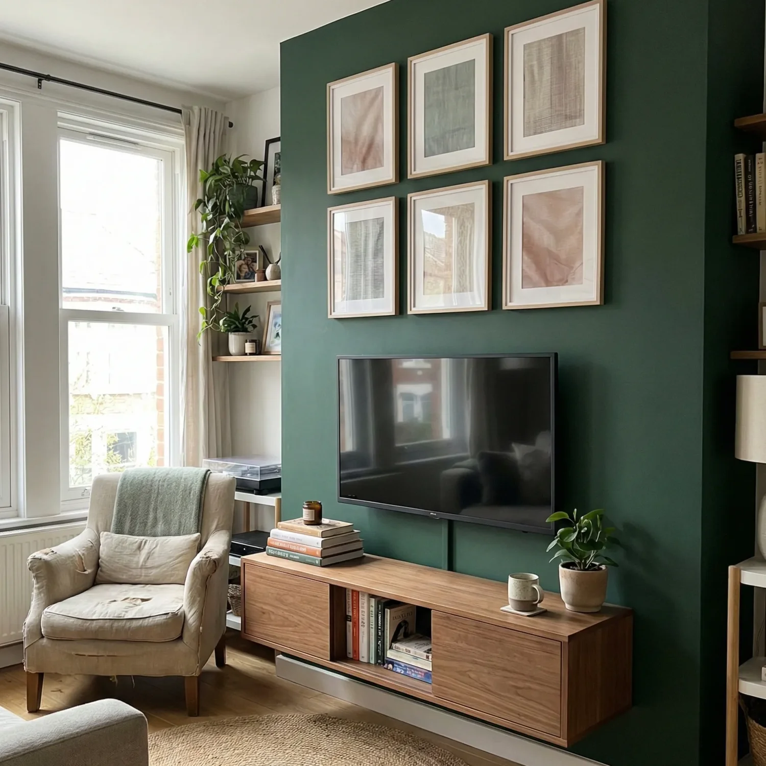 Modern living room with green accent wall and TV.
