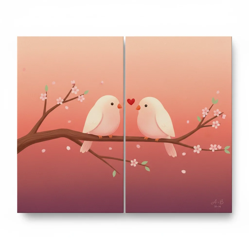 two lovebirds perch on blossom branch with heart