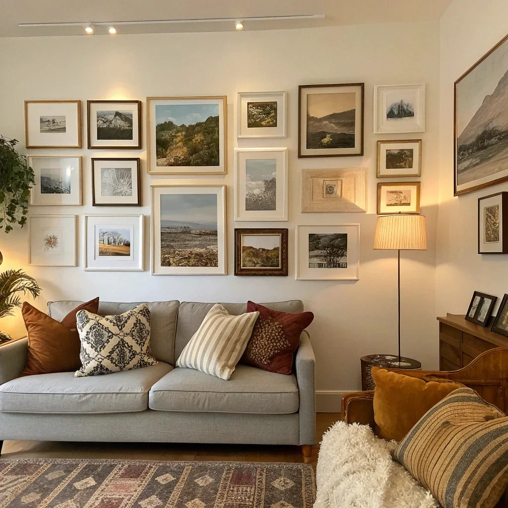 Eclectic gallery wall mixing portrait and landscape frames arranged around a central line, creating a collected, curated feel.
