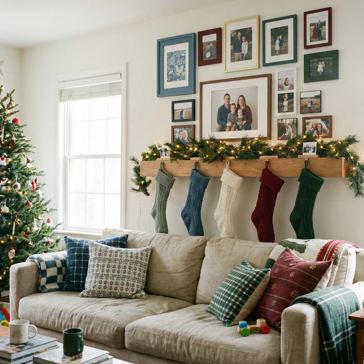 Cozy living room with christmas stockings and family photo wall