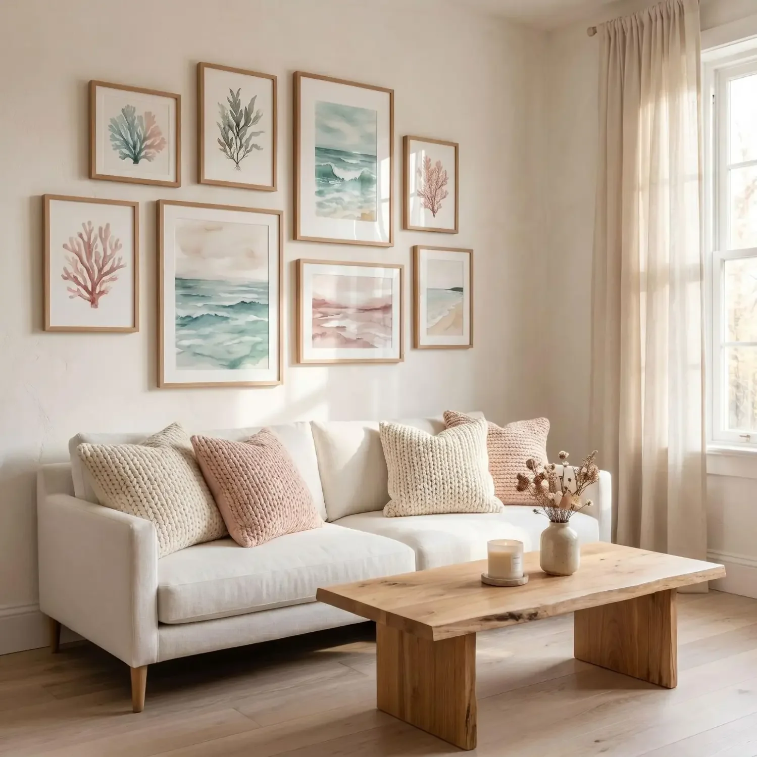 Watercolor coastal framed art in Scandi living room