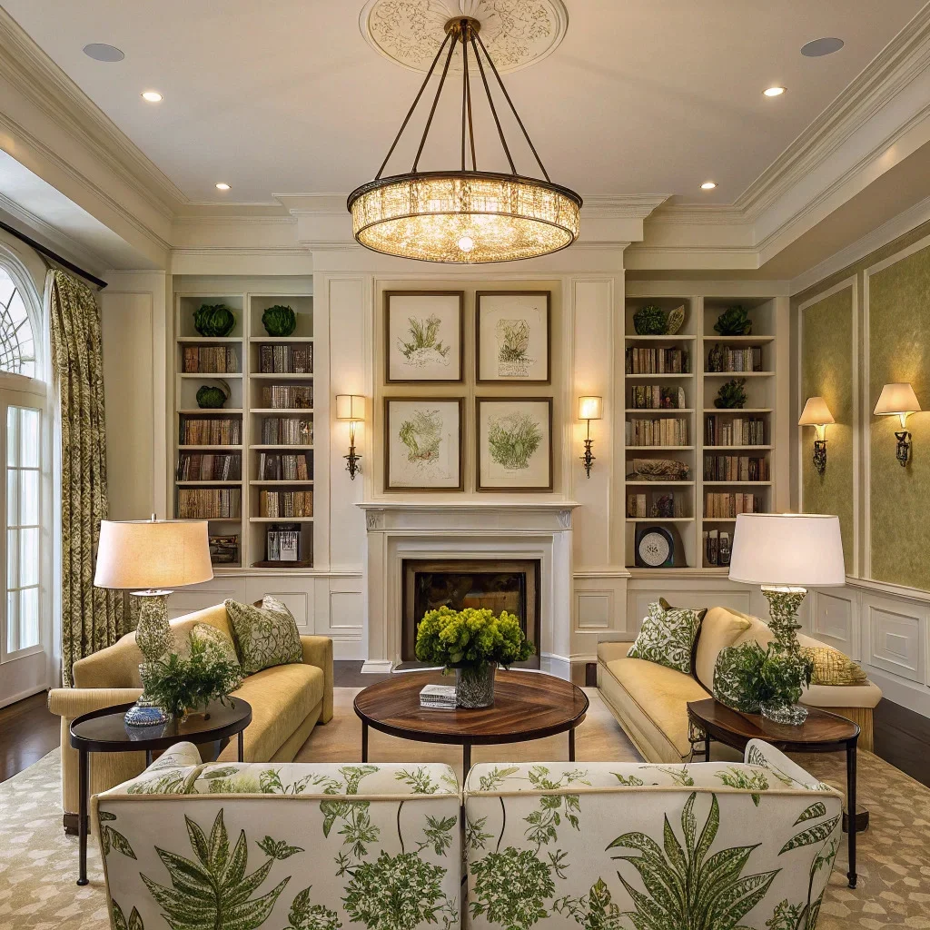 A traditional living room with symmetrical seating arranged around a fireplace, a statement chandelier, paired table lamps, and a grid of framed botanicals above the sofa for balance and cohesion.