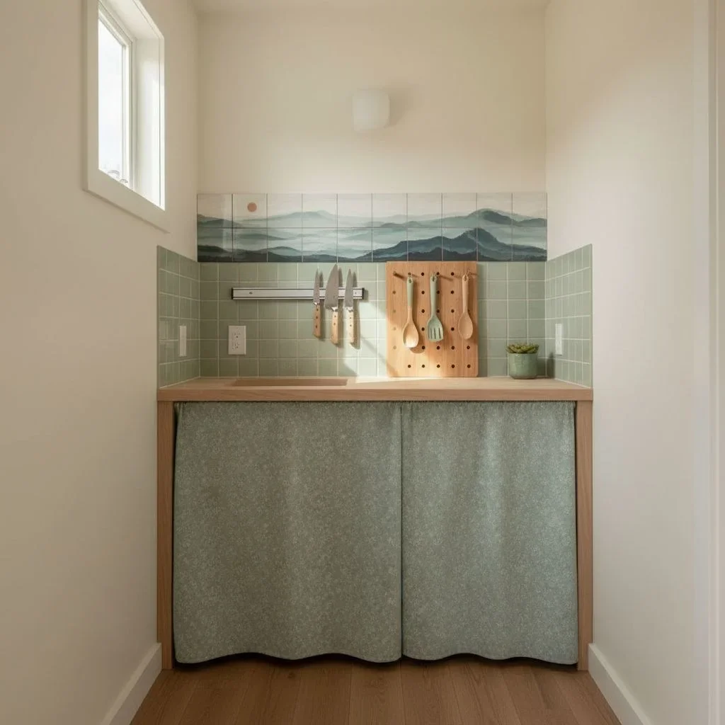 Compact kitchenette with artful backsplash and clear counters