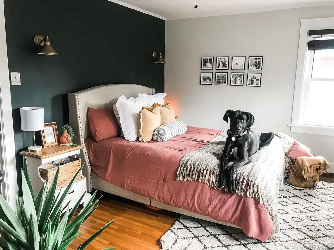 Two-toned paint on walls and color scheme on bed.